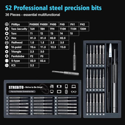 STREBITO Small Screwdriver Set - 39 in 1 Precision Screwdriver Kit, Electronics Tool Set - PC, Laptop, RC, Computer, Phone Repair, S2 Steel Long Bits - Torx, Pentalobe, Triwing
