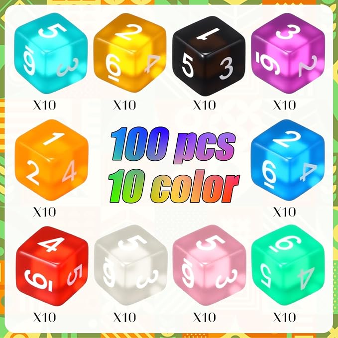 Poen 100 Pcs 16mm Dice Set Bulk, 6 Sided Standard Colored Dices with Numbers, D6 Polyhedral Games Dice for Board Games, Parties (Transparent Color)