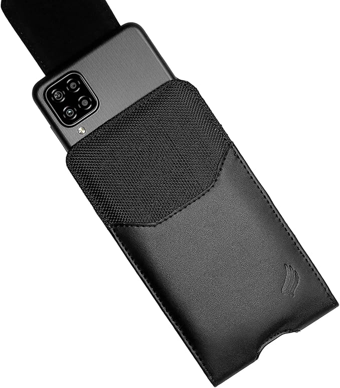 Leather Cell Phone Holster for T-Mobile REVVLRY+, REVVL 4, AT&T Fusion Z, Motivate, Jitterbug Smart3, Kyocera DuraSport 5G - Vertical Case Waist Carrying Pouch with Belt Clip/Loops, Black