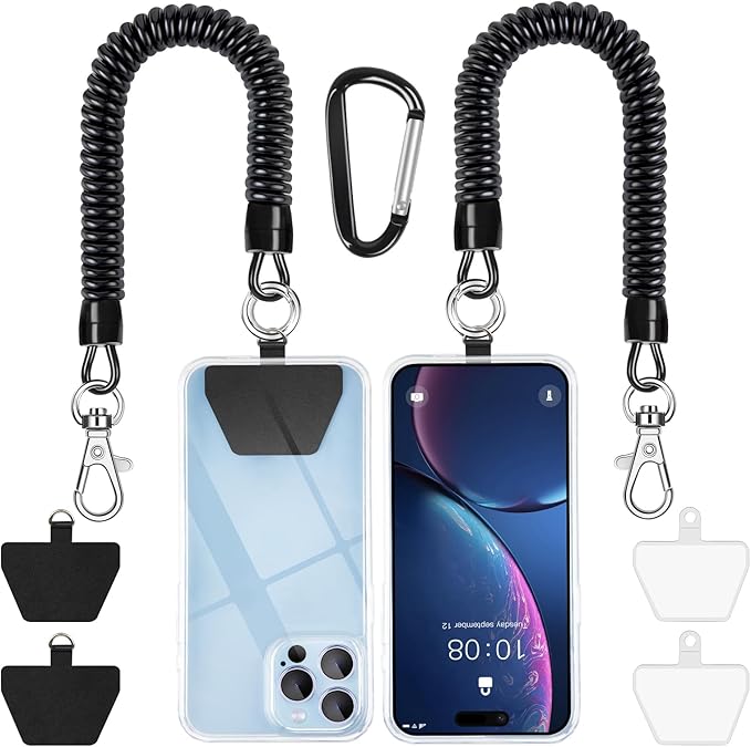 SHANSHUI Phone Lanyard Tether, Anti Theft Spring Phone Strap, 4 x Phone Pacthes & Climbing Hook Universal Phone Lanyard for Keys Outdoor Skiing Hiking Fishing Fitting for All Smartphones - 2PCS Black