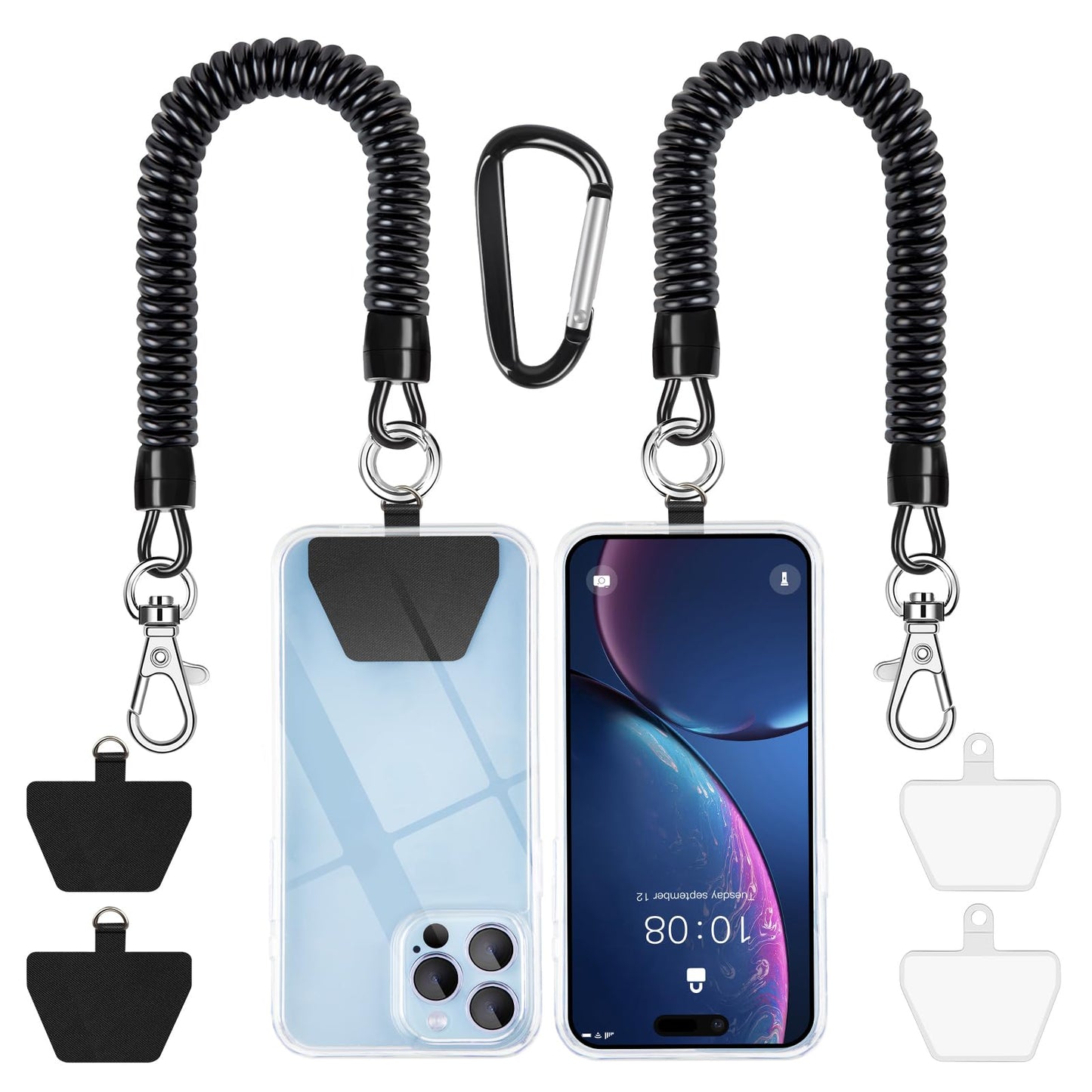 SHANSHUI Phone Lanyard Tether, Anti Theft Spring Phone Strap, 4 x Phone Pacthes & Climbing Hook Universal Phone Lanyard for Keys Outdoor Skiing Hiking Fishing Fitting for All Smartphones - 2PCS Black