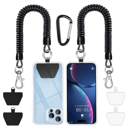 SHANSHUI Phone Lanyard Tether, Anti Theft Spring Phone Strap, 4 x Phone Pacthes & Climbing Hook Universal Phone Lanyard for Keys Outdoor Skiing Hiking Fishing Fitting for All Smartphones - 2PCS Black