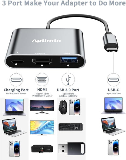 USB C to HDMI Adapter, 4K@60Hz HDMI to USB-C Adapter with USBA 3.0 & 100W PD Port Multiport Digital AV Converter for MacBook Pro/Air, iPad, iPhone 15/16, Tablets, Switch, TV, Monitor and More
