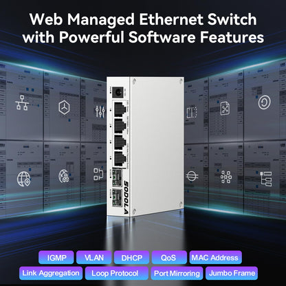 SODOLA 6 Port 2.5Gb Easy Web Managed Switch, 4 x 2.5G Base-T Ports, 2 x 10G SFP+,Aluminum Alloy Cooling & Magnetic Mounting - LACP/QoS/VLAN/IGMP Managed Multi-Gigabit Switch for Homelab