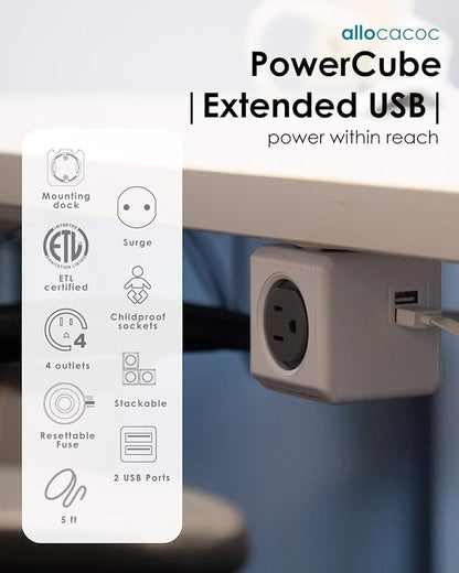 Allocacoc, PowerCube |ExtendedUSB|, 4 outlets, 2 USB Ports, 5 feet cable, Mounting dock, Surge Protection, Childproof Sockets, ETL Certified (Blue)