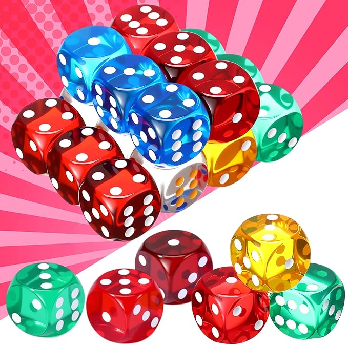 Seenelling 25 mm 18 Pcs Casino Theme Party Dice Large Opaque Jumbo Acrylic D6 Dice for Casino, Craps, Table Games and Board Games (Clear Color)