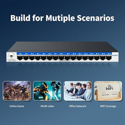 16 Port Gigabit Switch, Easy Smart Managed Ethernet Switch, Network Hub, Ethernet Splitter, Plug & Play, Fanless Metal Design, VLAN, Qos, Desktop or Wall Mount