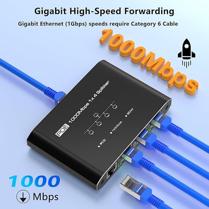 PoE Switch 1 in 4 Out, 4 Port Gigabit PoE Splitter, IEEE 802.3at/af Compliant, 30W per Port Power Over Network Hub for IP Cameras/AP/VoIP Phones (328 Ft), PoE+ Splitter for Cat5e/6/7/8 Cable