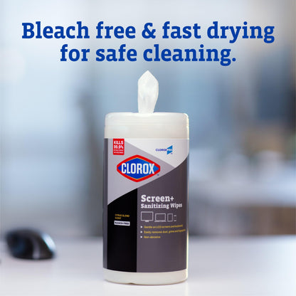 CloroxPro Clorox Screen+ Sanitizing Wipes, Disinfecting Wipes for Electronics, Gentle on Phones, Tablets, LCD Screens, Laptops and Sensitive Surfaces, Citrus Blend Scent, 1 Canister, 75 Wipes, 6 Pack