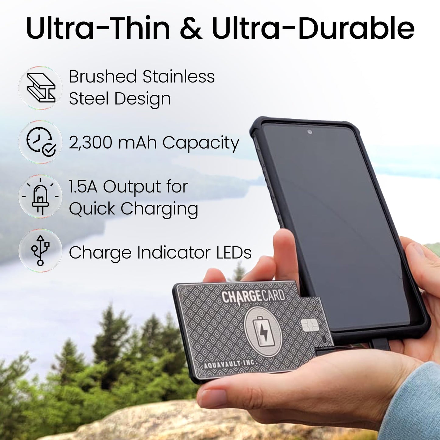 Aquavault ChargeCard (Black): Ultra-Slim 2300 mAh 1.5А Charge Card Phone Charger - Built-in Cables for iPhone & Android - Compatible with iPhone 6-17 & Android - Ultra Thin Power Bank Fits in Wallet