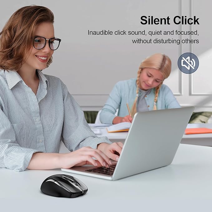TECKNET Wireless Mouse (BT5.0/3.0 & 2.4G) Rechargeable 4800 DPI Silent USB A & Bluetooth Mouse 6 Buttons, Wide Compatibility - Black