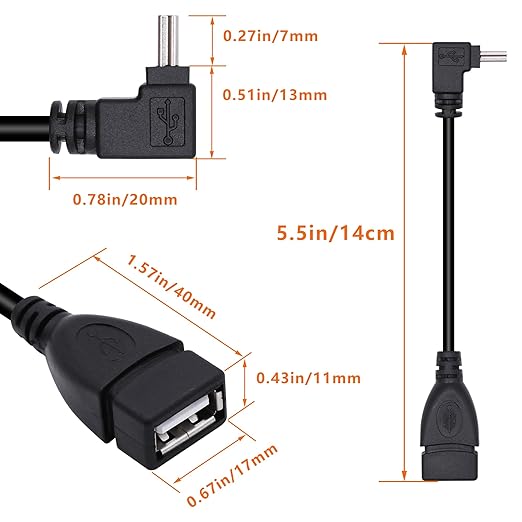 90 Degree Mini USB to USB A OTG Adapter Cable 5.5in Down Angle Mini USB 5-Pin Type B Male to USB Type A Female Adapter Cord for Digital Cameras,Black,14cm(2 Pack,Down)
