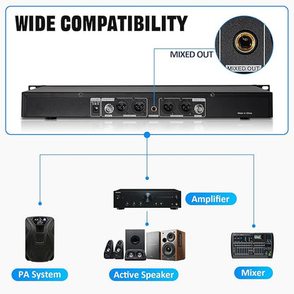 Wireless Microphone System 4 Channel UHF 4 Lavalier Lapel Headset Mics for Karaoke Church Speaking Conference Meeting Party, 4x25 Adjustable Frequency (4 Bodypack)