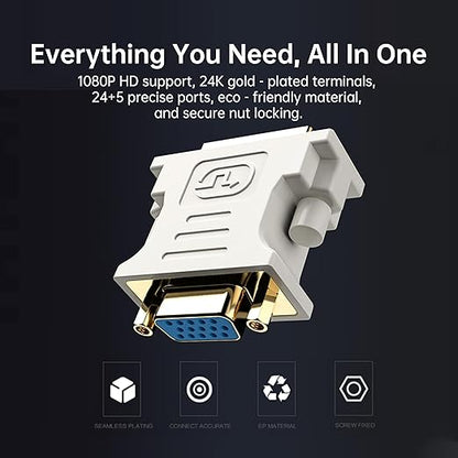 DVI to VGA Adapter (DVI-I 24+5 Pin Male to VGA Female) – Gold-Plated Connector for PC, Laptop, GPU, Projector