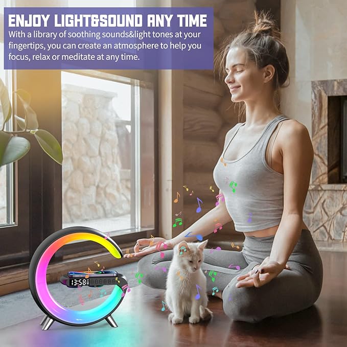 Smart Table Lamp with 4-in-1 Wireless Charger, Night Light, Bluetooth Speaker, Alarm Clock, App Control, Office, Bedroom, Home Decor (White)