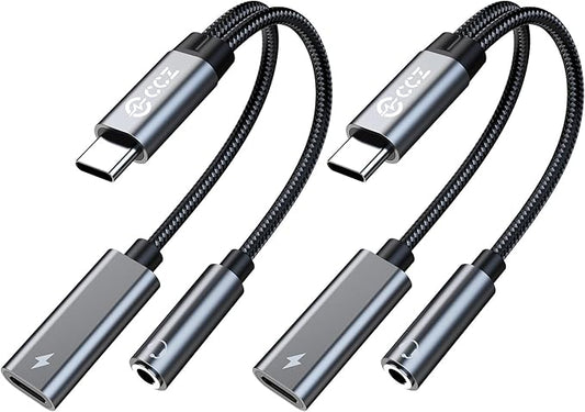 2PCS USB C Splitter for KZ ZS10 PRO, CCZ CA01 USB C to 3.5mm Audio Headphone and Charger Adapter, Type C Headphone Splitter 1 in 2 Out, Dongle Audio Cable DAC for Samsung Galaxy S25/S24 (USBC-3.5MM)