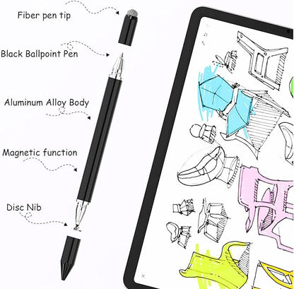 Stylus Pens for iPad, Luntak 3 in 1 Ballpoint Pen, Fiber Tip & Clear Disc Capacitive Stylus iPad Pencil for Apple iPhone/iPad Pro/Mini/Air/Android/Microsoft/Surface All Capacitive Touchscreen - Black