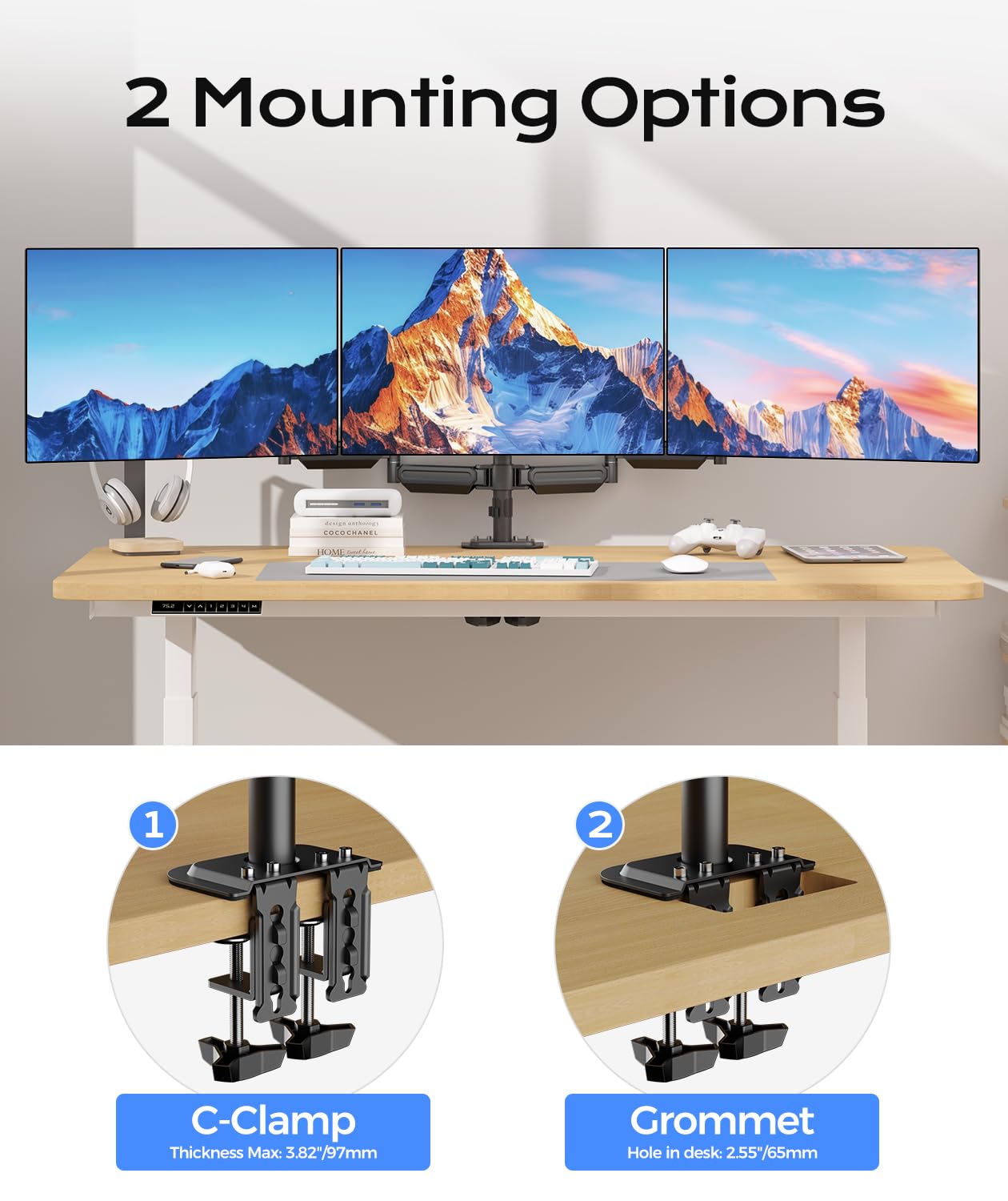 Pholiten Triple Monitor Mount for Desk, 2 Gas Spring Monitor Arms for 17-32 inches Screen, Fully Adjustable Heavy Duty Monitor Mount with Clamp & Grommet Mounting, Each Arm Holds 22 lbs
