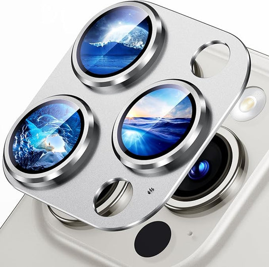 Uyiton Compatible with iPhone 15 Pro/iPhone 15 Pro Max Camera Lens Protector, [Not Easy to Break][Strong Adsorption][Case-Friendly] Metal Tempered Glass Rear Camera Screen Cover - Silver White