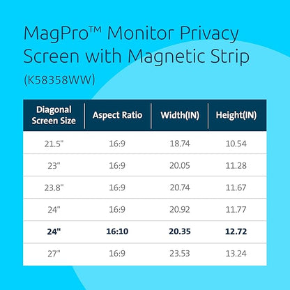 Kensington MagPro 24 Inch Magnetic Computer Privacy Screen for Desktop, Removable 16:10 Computer Privacy Filter, Anti-Glare Blue Ray Reduction, Compatible with Slim Bezel Monitors, K55423WW