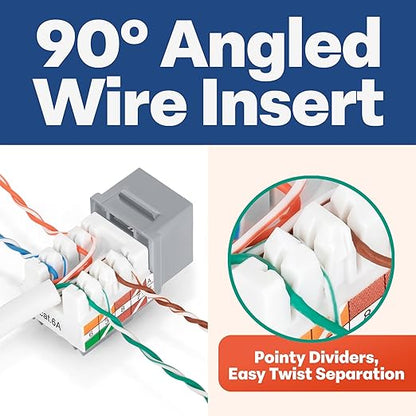Everest 90° Angled RJ45 Cat6A Keystone Jacks 20-Pack in Gray - Slim Profile Female RJ45 Connectors - Cat 6A Keystone Jack - Compatible with 90° Angled Speed Termination Tool - easyJACK (B094WB91H3)