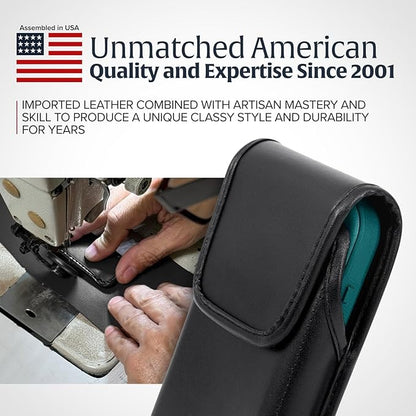 Turtleback Belt Holder for iPhone 16 Pro, 16e, 15 pro 14 Pro 13 Pro -Medium- Fits w/Shockproof Commuter Style Cases, Premium Black Leather Vertical Holster, Magnetic Closure Leather Wrapped Clip