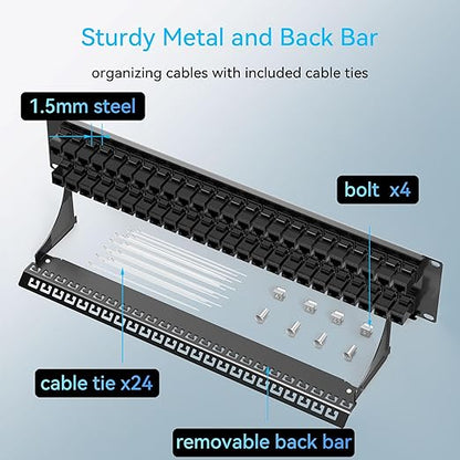Patch Panel 48 Port Cat6a with Coupler Keystone, Cat6 Network Patch Panel 10G No Punch Down, Time-Saver Ethernet 2U Rj45 Panel with Sturdy Back Bar, 19 Inch Coupler Network Panel