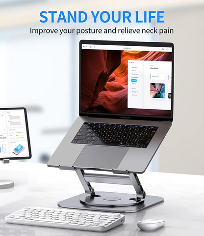 Adjustable Laptop Stand with 360 Rotating Base, Stable Computer Stand for Laptop Ergonimic Foldable Laptop Riser for Desk Compatible with MacBook Pro/Air Notebook up to 16 Inches, Grey
