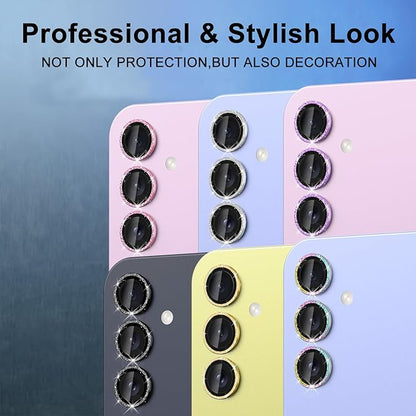 for Samsung Galaxy A35 5G Camera Lens Protector, Individual Metal Ring Tempered Glass Lens Cover, [Strong Adsorption] Scratch Resistant Ultra-Thin HD Clear Lens Cover, 1 Set-Colorful Sparkly