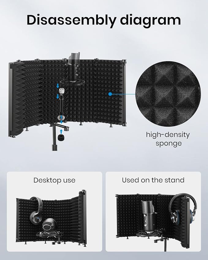 Moukey Microphone Insulation Sound Insulation Sound Shield Isolation, 5 Sides Microphone Sound-Absorbing Foam Reflector for Recording Studio, Podcasts, Vocals and Broadcasting