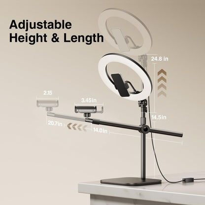 Overhead Phone Mount, Overhead Camera Mount Stand [Anti-Shaking] with 10.5" Ring Light, Desk Stand for iPhone with Ring Light for Video Recording, Zoom Meeting, YouTube, TikTok