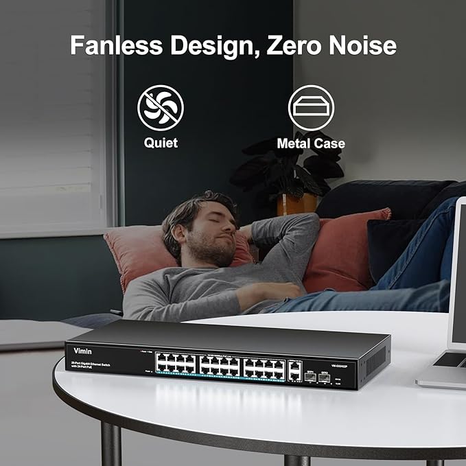 VIMIN 24 Port Gigabit PoE Switch with 2 Uplink Gigabit & 2 SFP Ports, 24-Port Ethernet PoE Switch Unmanaged w/ 320W High Power, Support IEEE802.3af/at, VLAN, Rack-Mount, Sturdy Metal Housing