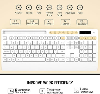 White Wireless Keyboard and Mouse Combo - Full-Size Quiet Keyboards with Palm Rest, Phone Holder, Multimedia Keys, Batteries Included, Office Key Board Compatible with Windows, PC, Laptop - Trueque