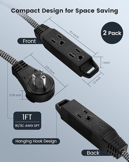 SURAIELEC 1FT 360° Rotating Flat Plug Extension Cord Flat Wall Plug with 3 Outlets, Braided Flat Black Extension Cord for Indoor Use, Small Space, 16/3C SPT, ETL Listed, 2 Pack