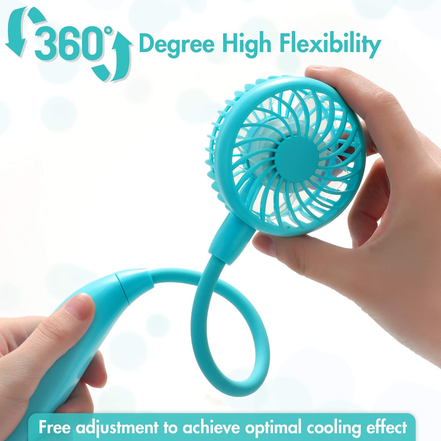 Portable Neck Fan, 2600mAh Battery Operated Sport Fan Ultra Quiet Hands Free USB Fan with 3 Speeds, Strong Wind, 360° Adjustable High Flexibility Wearable Personal Fan for Office Outdoor Travel (Cyan)
