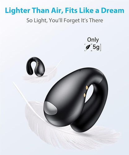 Ultra Open Ear Earbuds - Ergonomic Clip-On Earbuds, Bone Conduction Over-The-Ear Headphones with Waterproof Design and Secure Fit for Small Ears, Obsidian Black