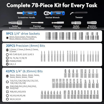 XOOL 78PCS Ratchet Screwdriver Set, Multi-Functional Precision Repair Tool Kit with 41PCS Bits, Precision Bits, 1/4" Sockets, Magnetic Tools for Electronics, Home Repair, DIY Toolbox