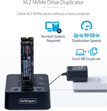 StarTech.com 1:1 M.2 NVMe Drive Duplicator, 90GBpm Standalone M.2 SSD Cloner/Copier, USB-C 3.2 20Gbps M.2 Dual-Bay Drive Dock