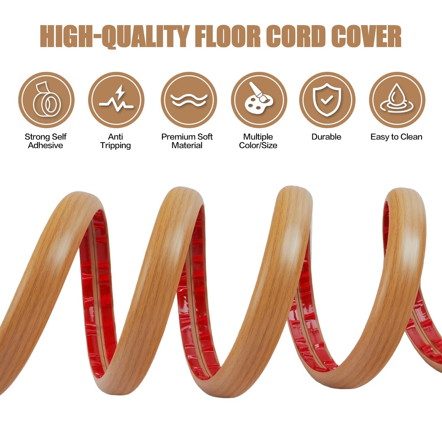 Floor Cord Cover Self Adhesive Cord Hider,10FT Cable Management, Extension Strip Protector for Wires, Prevent Cable Trips for Offices, Gyms, Exhibitions Cavity:0.3"(W) x 0.28"(H) Brown Wood