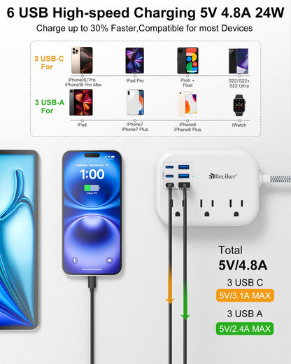 Beeiker Short Extension Cord 2 Foot Travel Power Strip 6 USB 3 Outlets