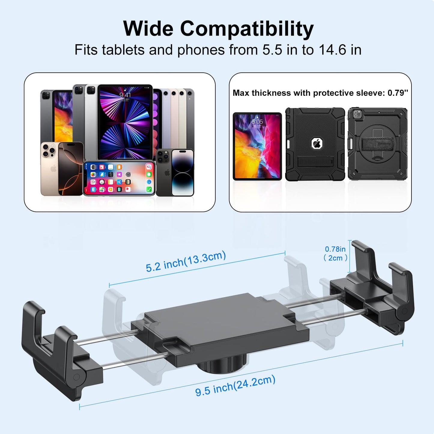 PLDHPRO Tablet Mount for Truck, Heavy Duty Drill Base Tablet Holder for Car Dashboard, Adjustable 2-Stage Stand Compatible with iPad, Galaxy Tab/Z Fold, 5.5-14.6'' Phone Tab for Wall, Vehicle, Boat