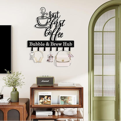 Personalized Coffee Key Holder Wall Mount, Custom Metal Key Rack Key Holder with Name, Deer Cabin Wall Keys Hanger with Hooks for Entryway, Front Door, Hallway, Kitchen, Living Room