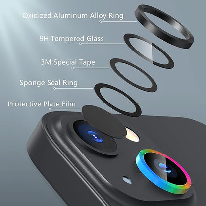 AGVEE 3+3 6 Pack for iPhone 15 6.1" / 15 Plus 6.7" Camera Lens Cover Protector, Metal Ring 9H Tempered HD Glass Camera Cover Protector Film, Black