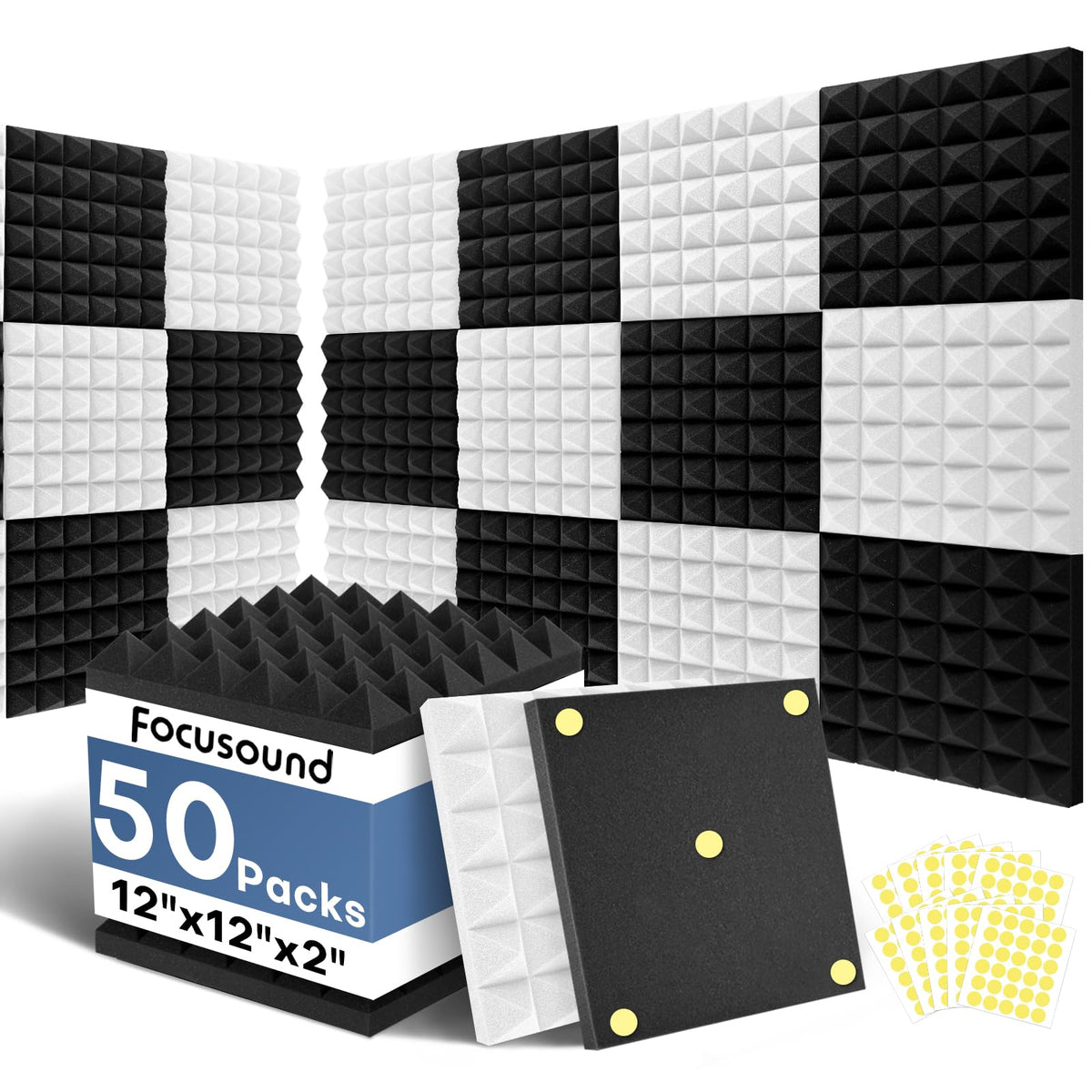 Focusound White Acoustic Panels 24 Pack 2"x12"x12" with 120 PCS Double-Side Adhesive - Sound Proof Pyramid Foam for Walls, Home Studio Noise Absorption & Echo Control Kit