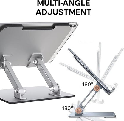 Foldable Aluminum Tablet & Phone Stand — Adjustable Height & Angle, Portable Desk Holder with Anti-Slip Pads for iPad, iPhone, Kindle, Smartphones & Tablets, Helping Reduce Neck and Eye Strain