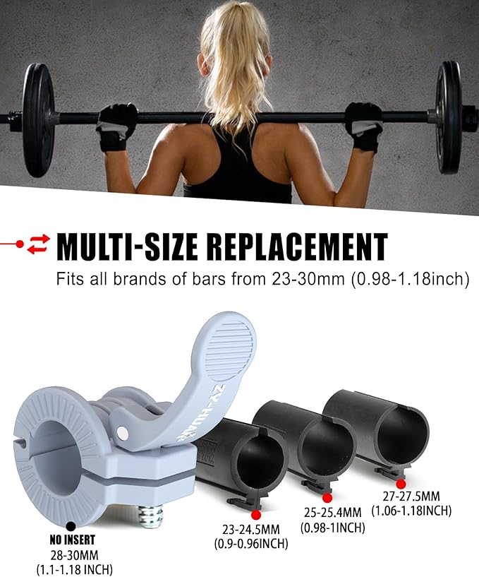 ZY-HUAN Pro Barbell Clips 1 inch Barbell Clamps 0.9-1.18inch Quick Release Weight Clips for Bars Multi-Size Adjustable Olympic Barbell Clamps (Gray)