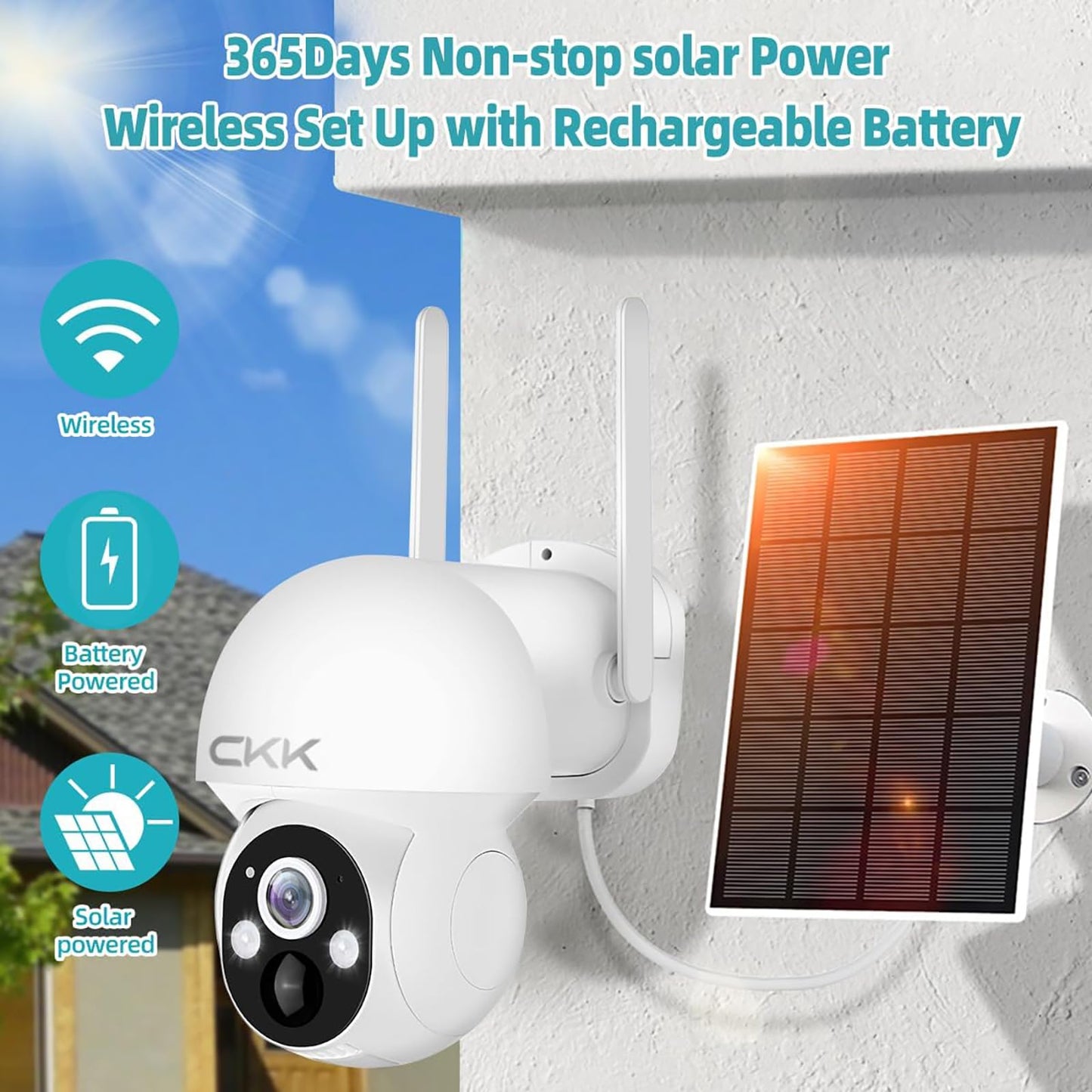CKK 2.5K 4pcs Solar Security Camera System Wireless Outdoor with 128GB Card,360PTZ, PIR Motion Detection, Color Night Vision, 2-Way Talk, IP66 Waterproof, Audible & Floodlight Alarm for Home and Yard