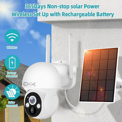 CKK 2.5K 4pcs Solar Security Camera System Wireless Outdoor with 128GB Card,360PTZ, PIR Motion Detection, Color Night Vision, 2-Way Talk, IP66 Waterproof, Audible & Floodlight Alarm for Home and Yard