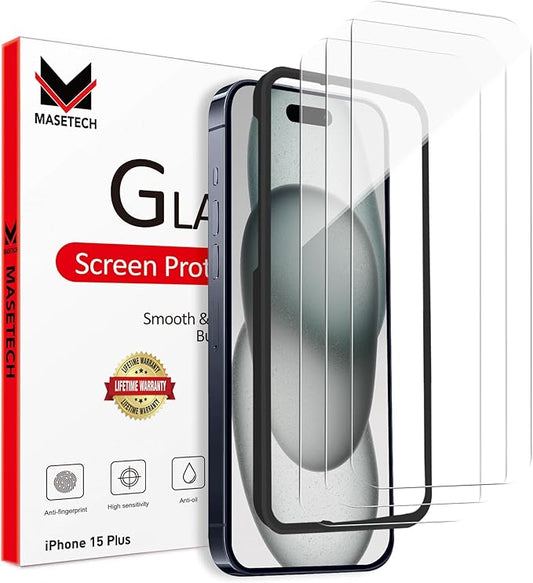 MASETECH Tempered Glass Screen Protector for iPhone 15 Plus Clear (3 Pack)