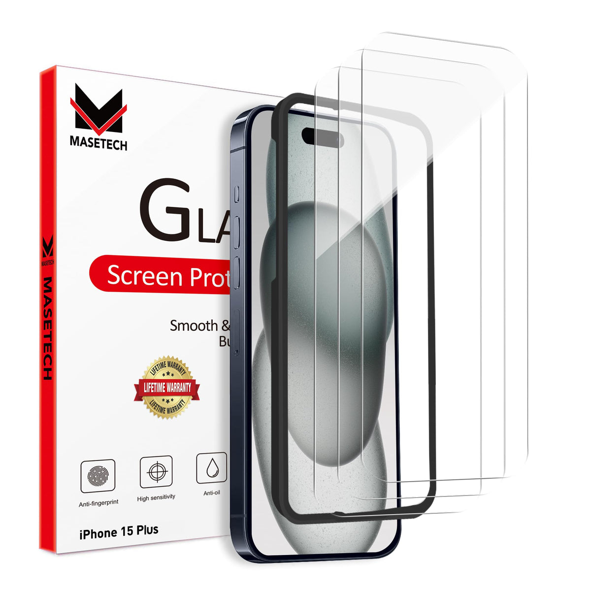 MASETECH Screen Protector Tempered Glass Compatible with Apple iPhone 15 Pro Max (2 Pack)